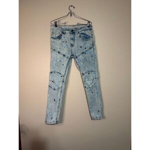 Evolution In Design Mens Moto Jeans 32x30 Acid Wash Paint Splatter Slim Fit Blue